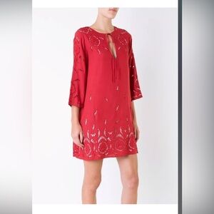 ALICE+OLIVIA EMBROIDERED MORGAN LACE EYELET RED TUNIC LINED DRESS SZ MEDIUM